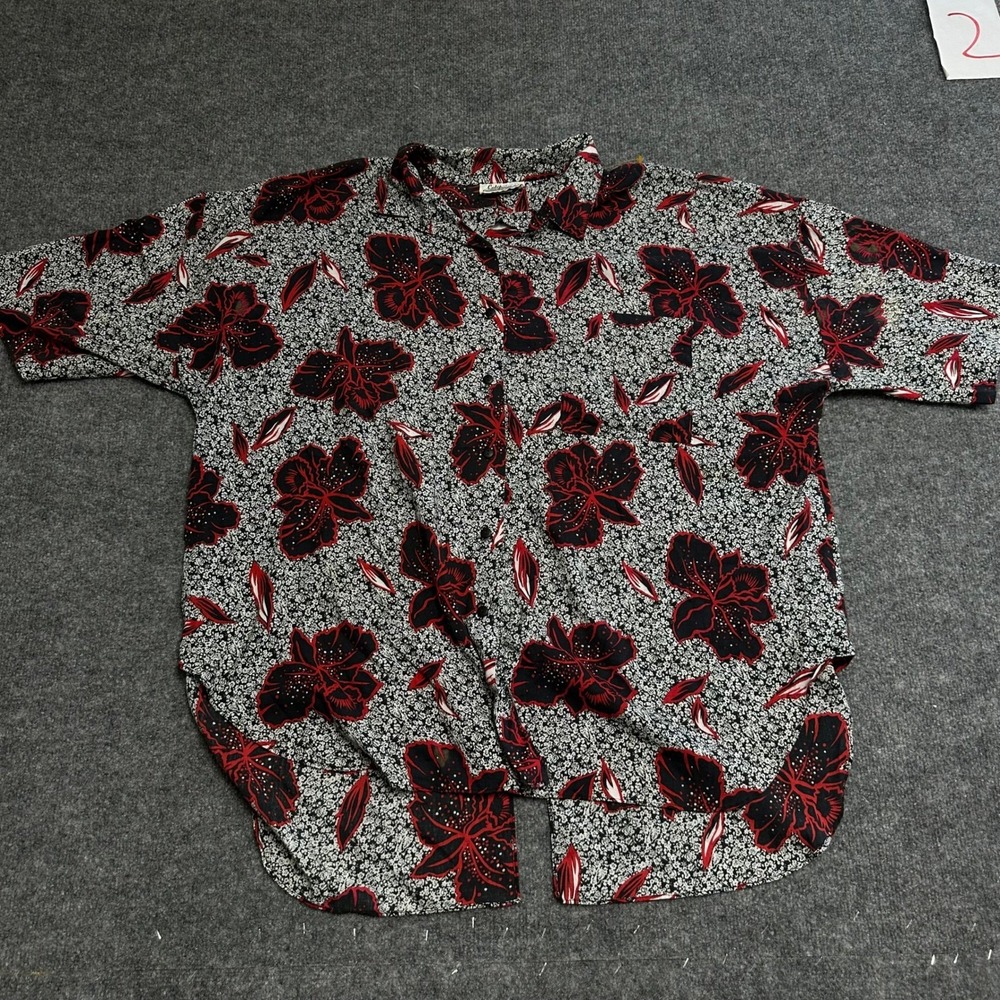 California Connection Shirt Womens Size XL Black Red Floral Viscose Short Sleeve
